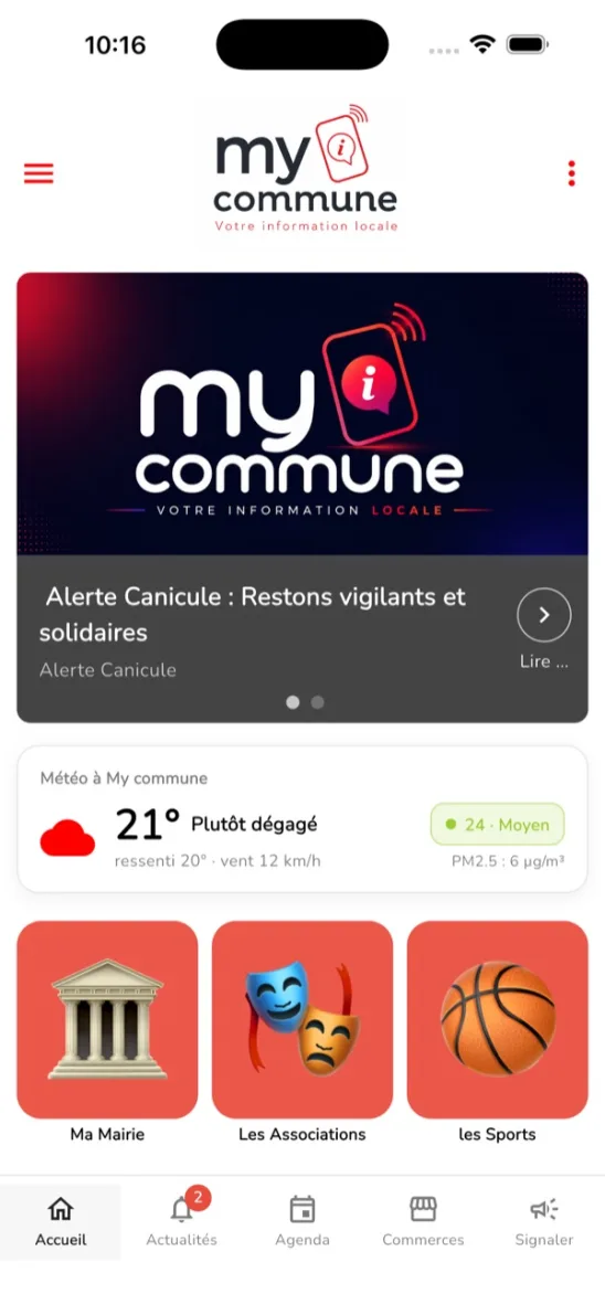 Écran d'accueil de l'application MyCommune